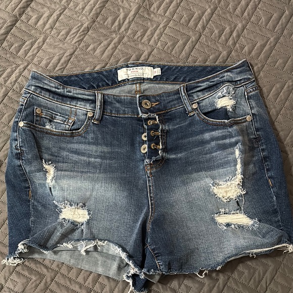Torrid Blue Distressed Jean Shorts with Raw Hem - Picture 1 of 4